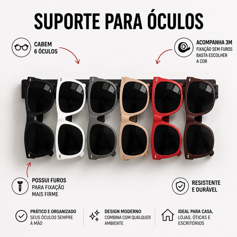 Suporte Para Óculos de Parede 6 Óculos | Fixação 3M ou Parafuso | Organizador de Óculos | Modelo 1 Óculos