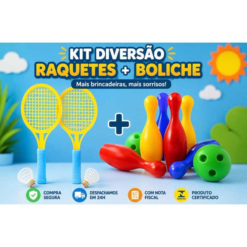 Jogo de Boliche Infantil 21 cm  + Jogo de Raquetes com Peteca Brinquedo Diversão para Criançasq