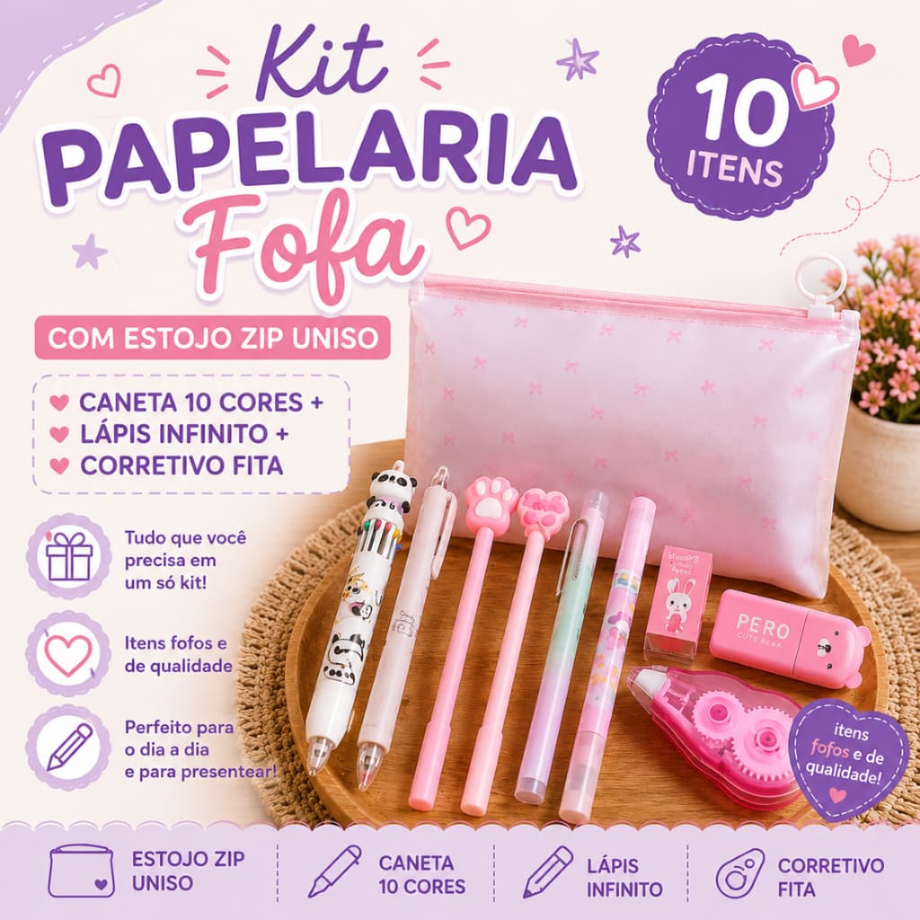 Kit Papelaria Fofa Kawaii  com Estojo Zip Uniso | Caneta 10 Cores + Lápis Infinito + Corretivo Fita