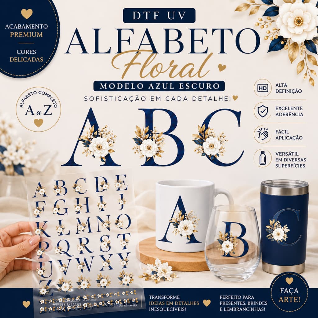 Cartela Adesivos DTF UV Alfabeto Azul Escuro Floral | Letras Personalizadas Itens diversos.