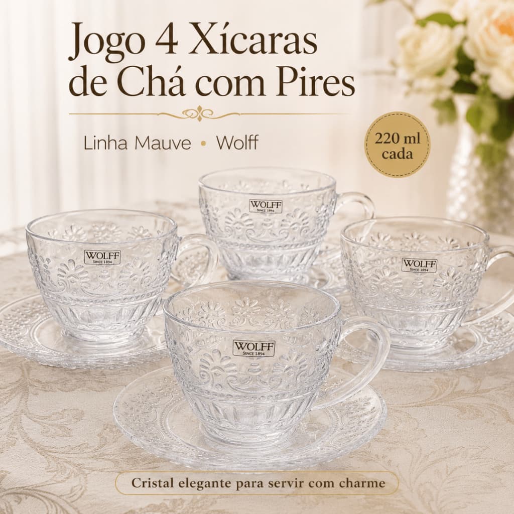 Jogo 4 Xícaras de Chá com Pires Wolff Mauve 220ml Cristal Presente Elegante