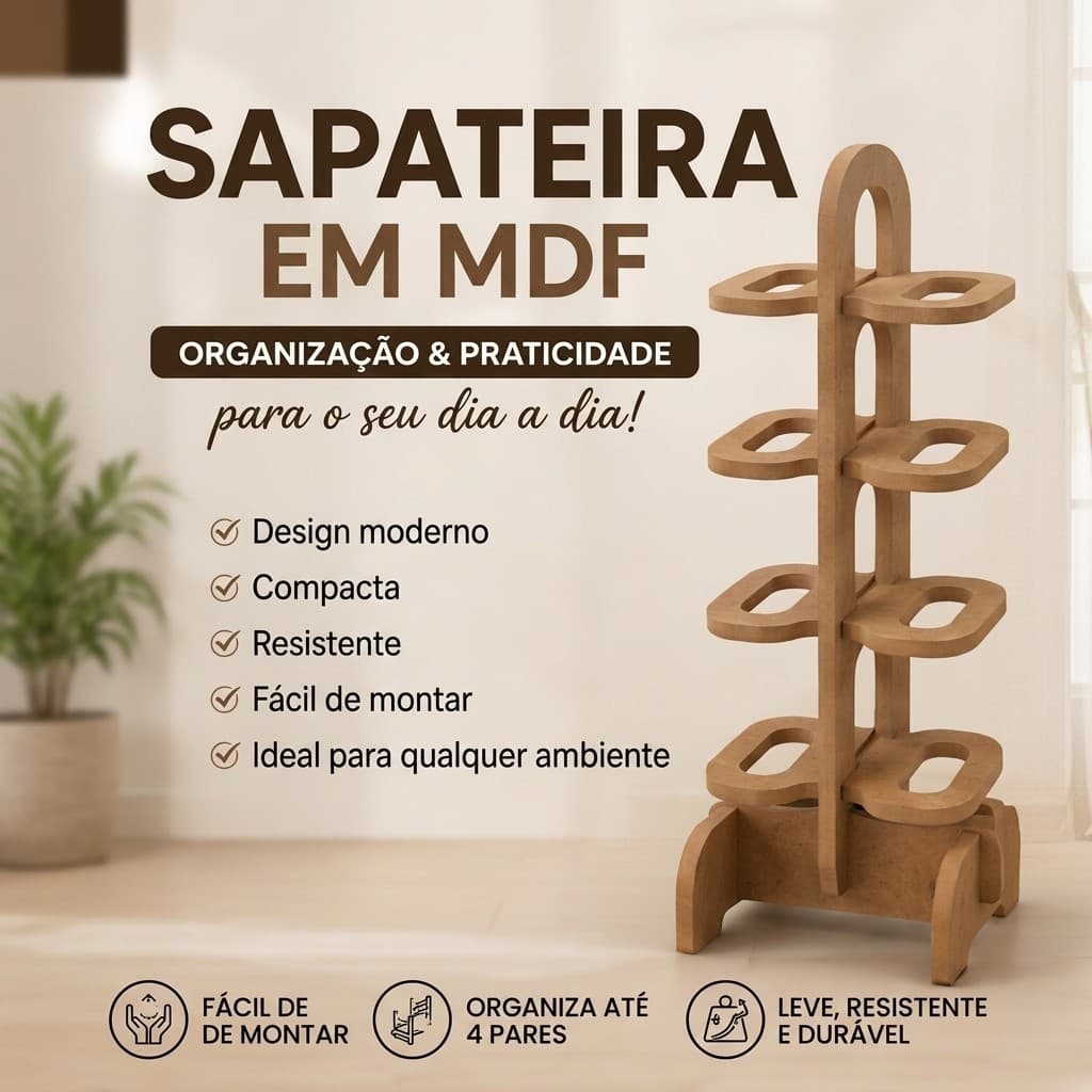 Sapateira Organizadora Para Hall de Entrada Em MDF Cru 4 Prateleiras Sapatos Quarto Lavanderia Porta