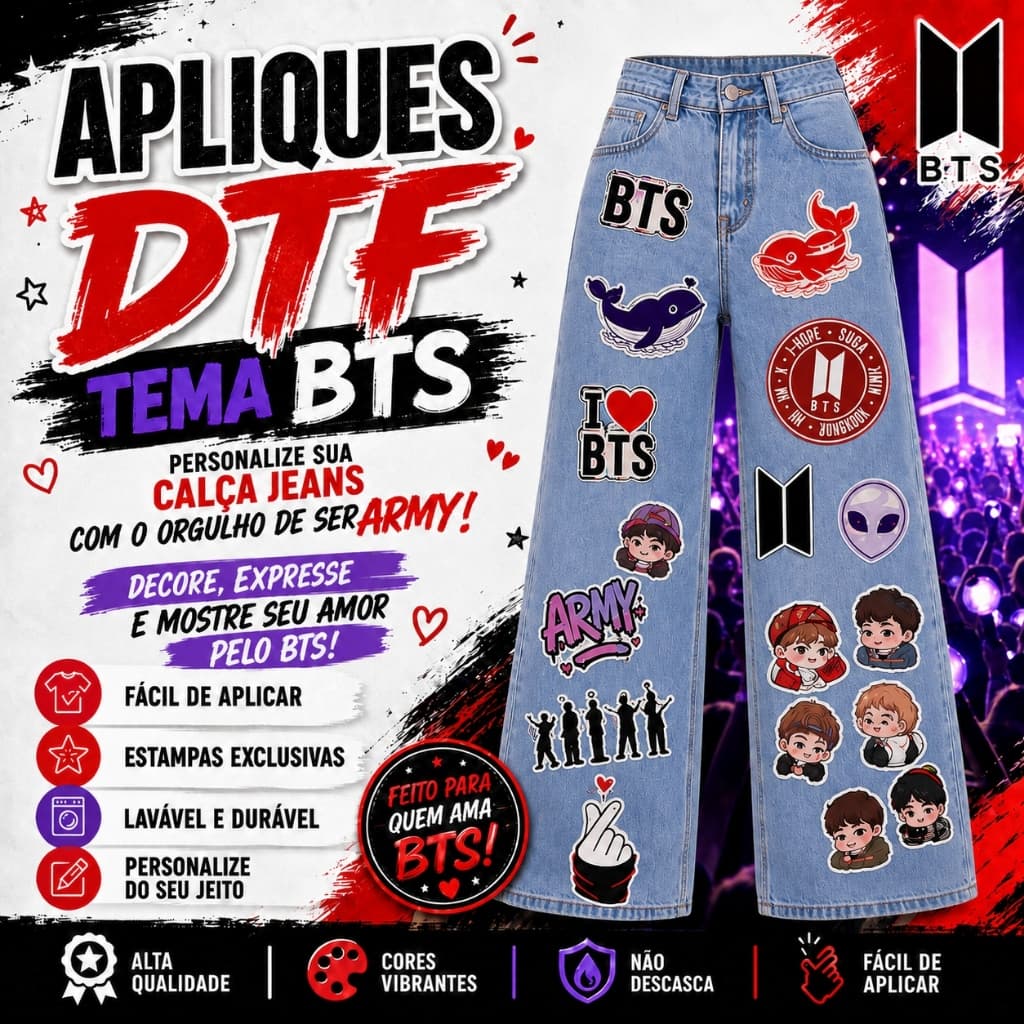 Pack BTS Army Tour Arirang Aplique Camiseta Boné Calça