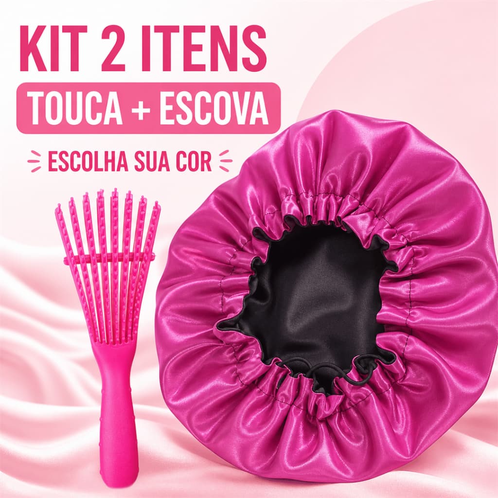 Kit Touca de Cetim + Escova Desembaraçante Antifrizz para Cabelos Cacheados Lisos e Crespos