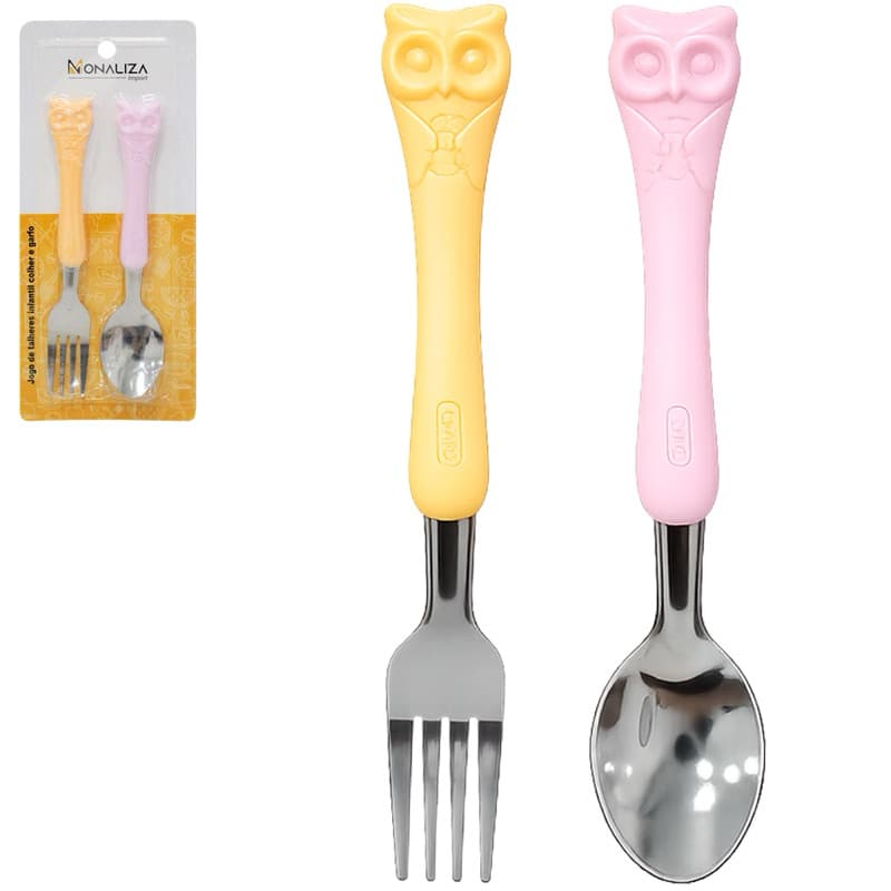 CONJUNTO DE TALHER INFANTIL COM COLHER + GARFO DE INOX CABO PLASTICO CORUJA