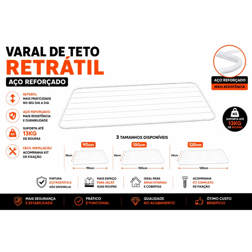 Varal de Teto Retrátil Aço Reforçado 100cm 120cm  90cm ate 15KG