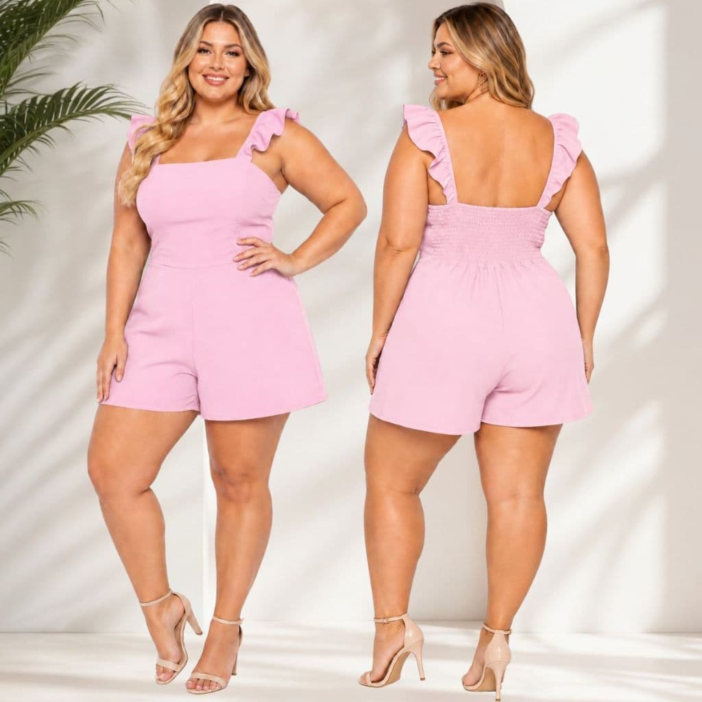 Macaquinho Short Plus Size Curto Feminino Moda Maior Casual veste do 48 ao 54. Elegante Alça Babado Lastex nas Costas.