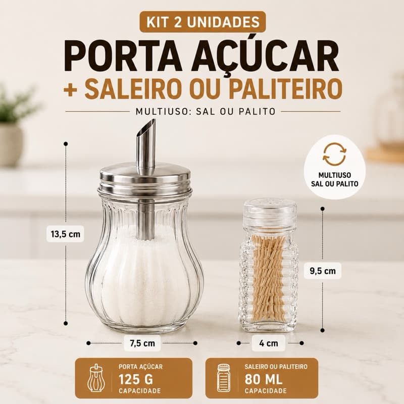 Kit 2 Açucareiro de Vidro Inox + Paliteiro Saleiro 80ml Mesa Bar Restaurante em Vidro Porta Açucar