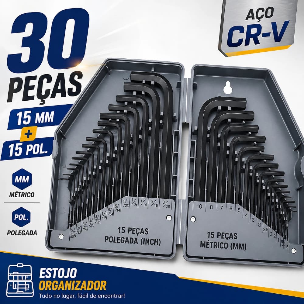 Kit Chaves Allen 30 Peças Aço Cromo Vanadium Milímetro E Polegada Formato L Profissional