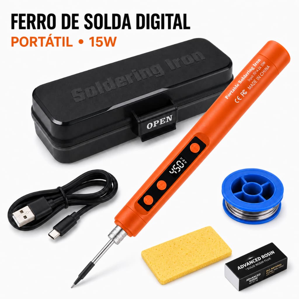 Mini Kit de Ferro de Solda Sem Fio USB Portátil com LCD, 15W, Bateria 1100mAh, Temperatura até 450°C