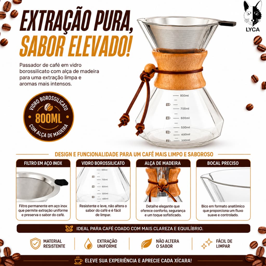 Passador de Café de Vidro Diamantado Borossilicato 800ml com Alça de Madeira - Elegante e Durável para Café Coado