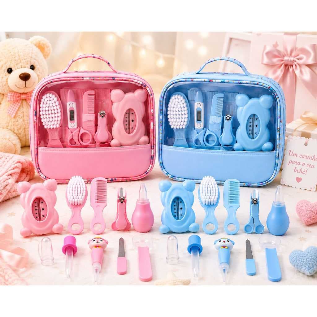 Bolsa Kit Cuidados Higiene Bebê 13 Peças Viagem Recem Nascido Escova Pente Termômetro Cortador e Aspirador Nasal