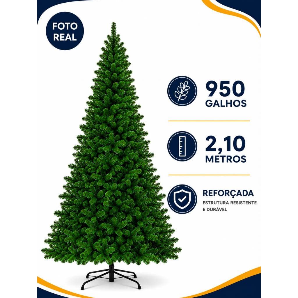 Árvore de Natal Pinheiro Luxo Verde 2,10m 950 Galhos Pé de Metal Reforçado Decoração Natalina Premium