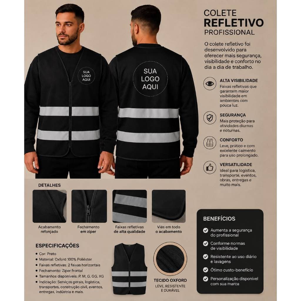 Colete Refletivo PRETO Personalizado P/ Entregador Diarista Motoboy Alta Visibilidade