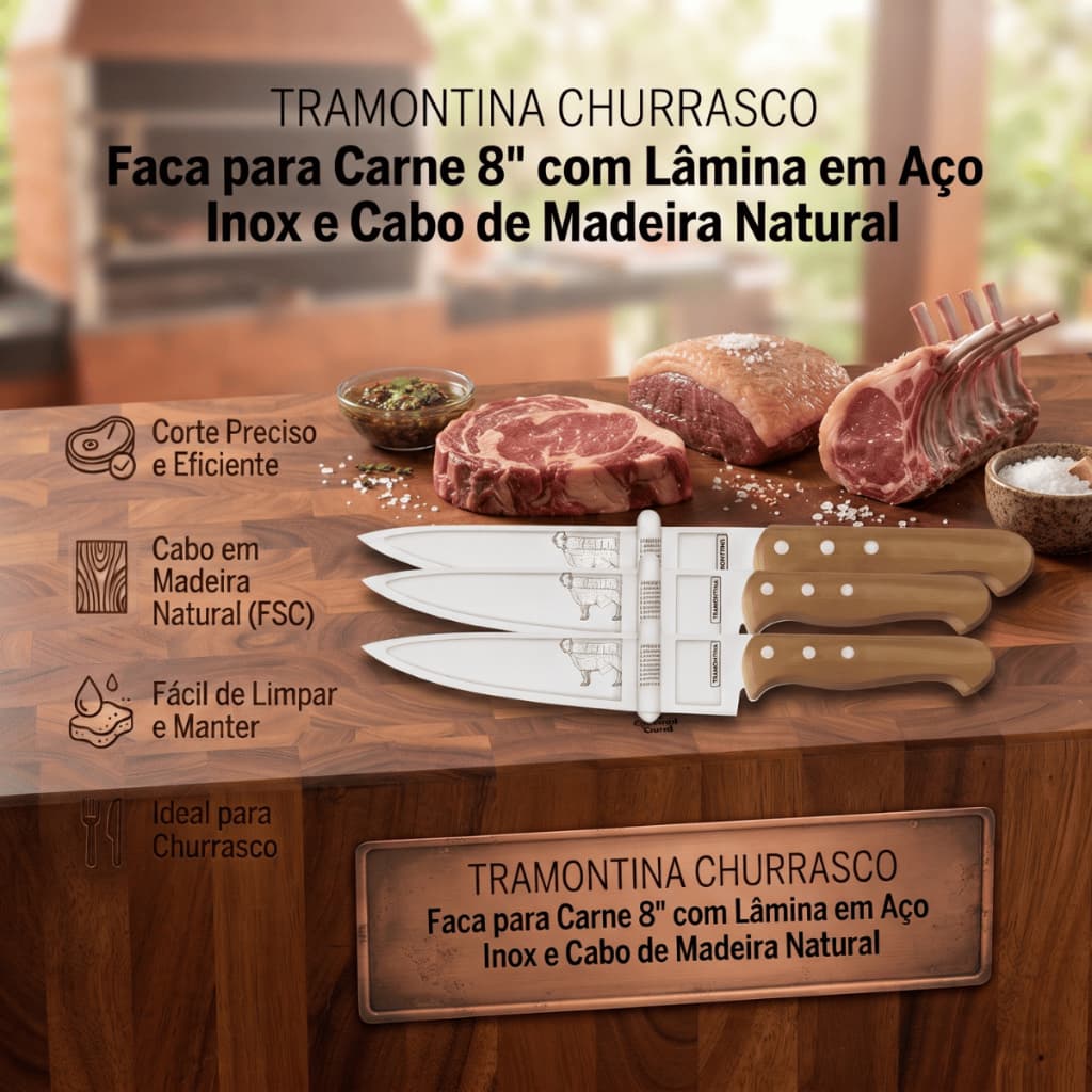 Kit 3 Facas para Carne Tramontina Churrasco 8 Polegadas - Lâmina Inox e Cabo Madeira Natural (FSC)