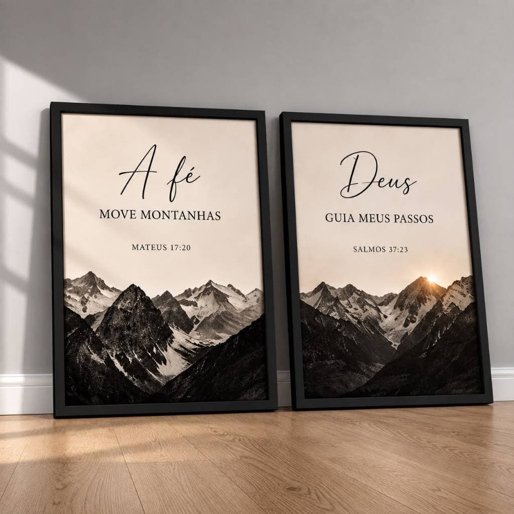 Kit 2 Quadros Decorativos Fé e Deus Guia Meus Passos Montanha A3 Moldura e Vidro