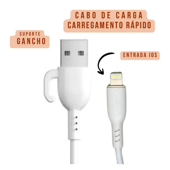 Cabo Lightning iPhone 1M Kaidi KD-105A 3A Carregamento Rápido com Gancho
