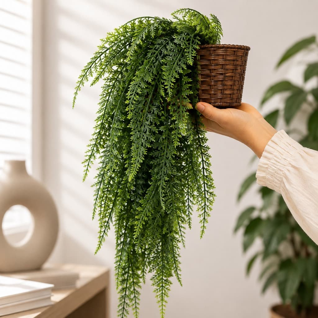 Planta Decorativa: Vaso Trançado Marrom com Pendente ou 1/2 Pendente Artificial Folhas De Samambaias