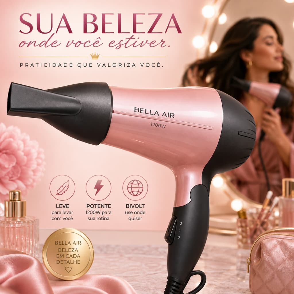 Secador de Cabelo Bella Air 1200W Bivolt Portátil Compacto Rosa