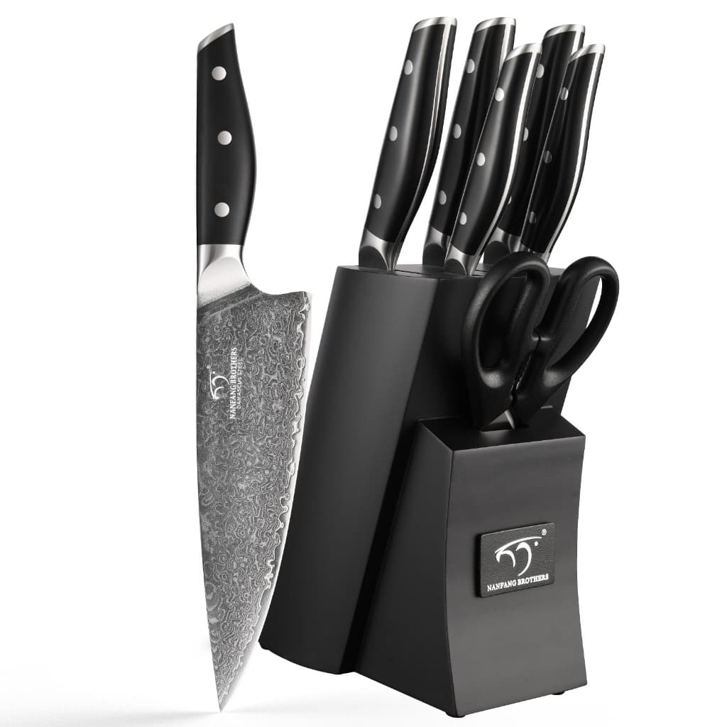 Kit 7 Facas Damascus para Cozinha, Aço Carbono Damascus, Lâminas Profissionais com Cabos Ergonômicos