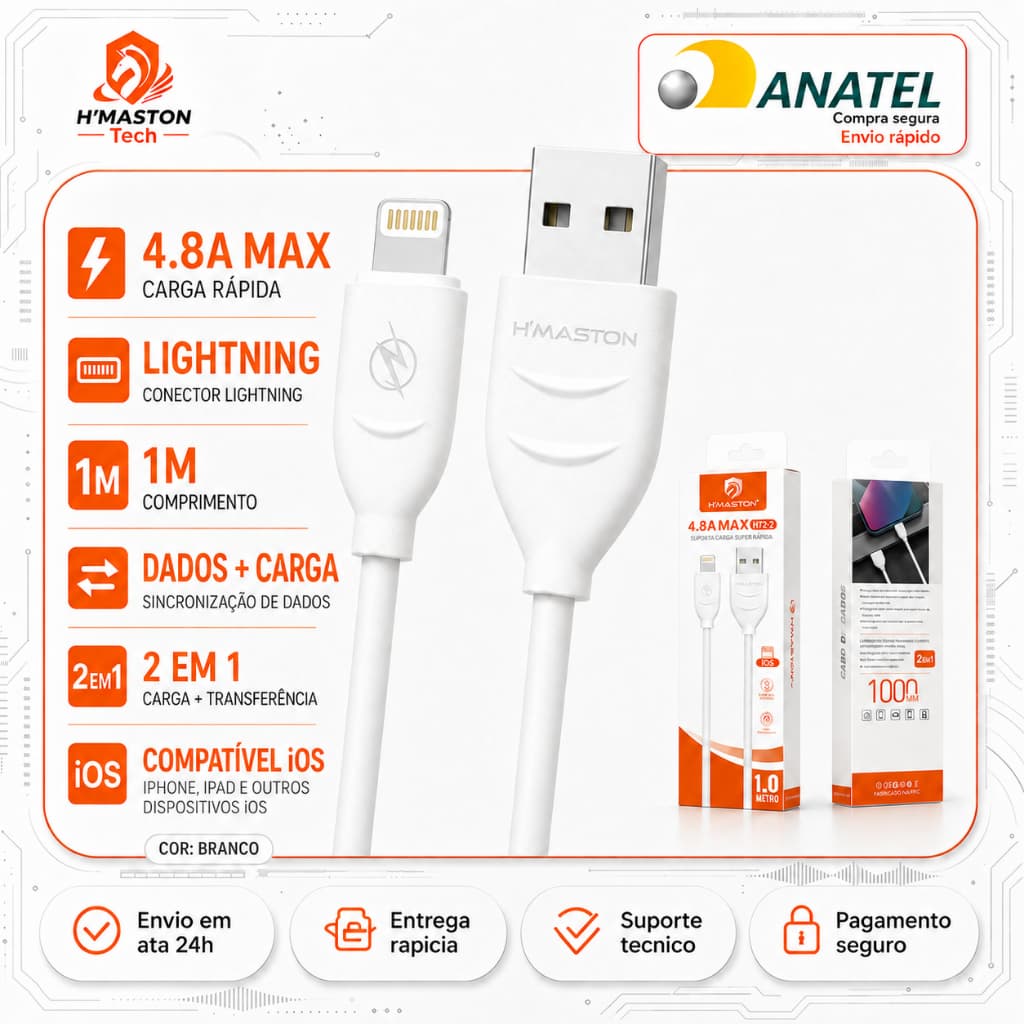 H'Maston H72-2 4.8A Cabo De Iphone Cabo Carregador Iphone Cabo Lightning Cabo Iphone 1 Metros