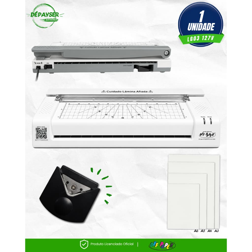Plastificadora A3 3 em 1 Off Paper OFF-LG-03 Guilhotina Arredondador Quente e Frio 80-125 Micras
