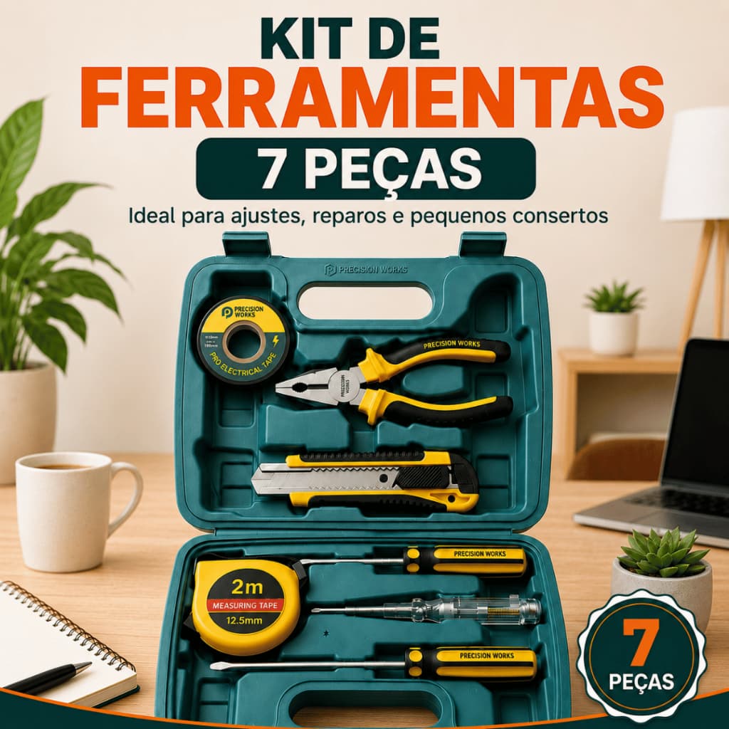 Kit Ferramentas 7 Peças Maleta Compacta Alicate Trena Estilete Chaves Teste Reparos Casa Multiuso