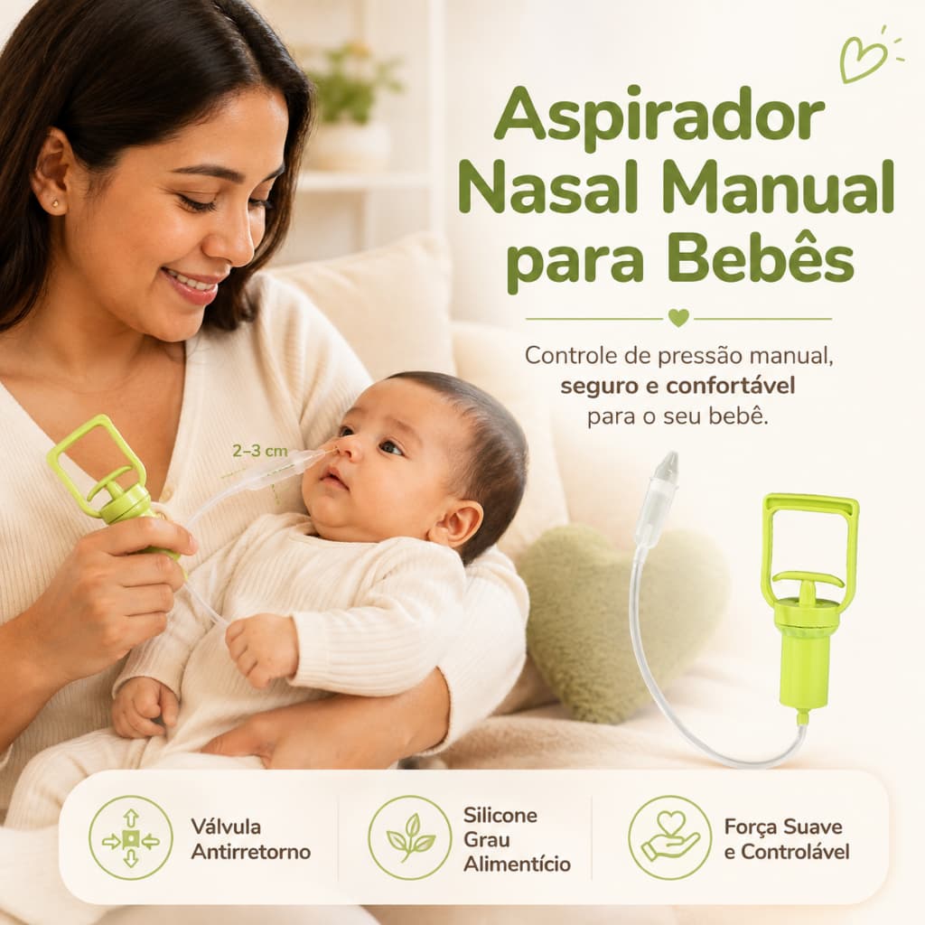 Aspirador Nasal Manual para Bebê com Controle de Sucção, Válvula Antirretorno e Mangueira de Silicone Flexível