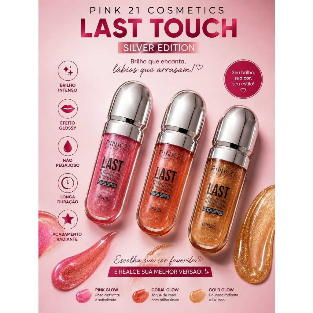 Lip Gloss Labial com Glitter Pink 21 Brilho Espelhado e Hidratação com Textura Suave