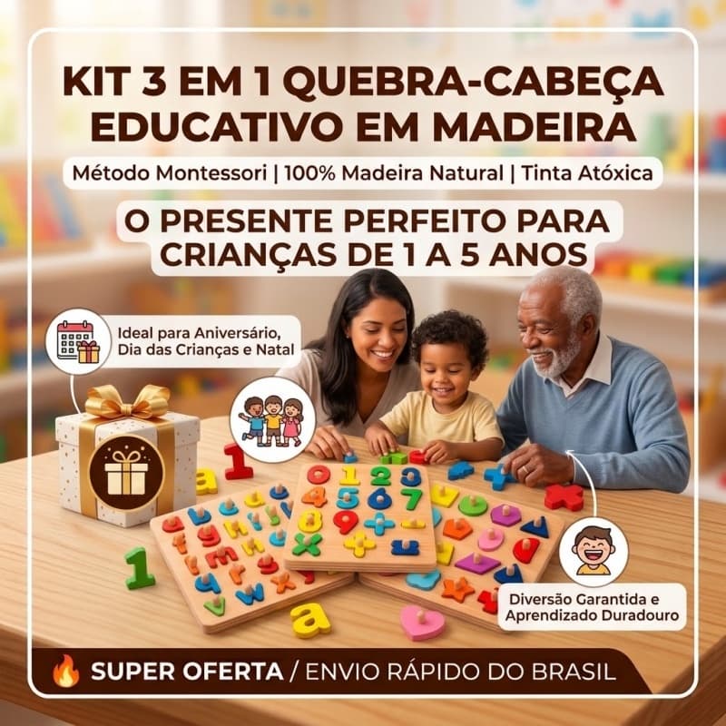Quebra Cabeça Madeira Infantil Educativo Montessori Números Formas Geométricas Matemática
