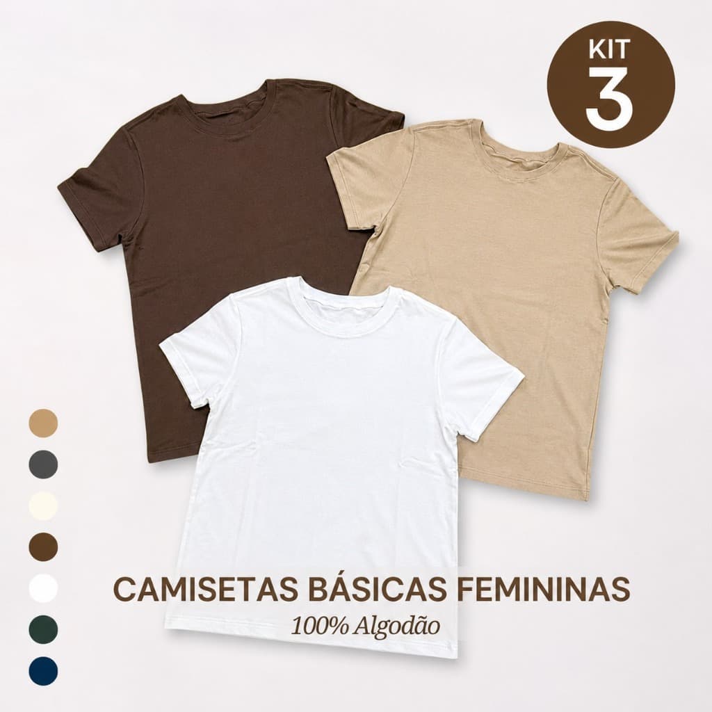 Kit 3 T-Shirt Feminina Algodão 30.1 Comfort Confortavel Estilosa Casual Básica Urbana