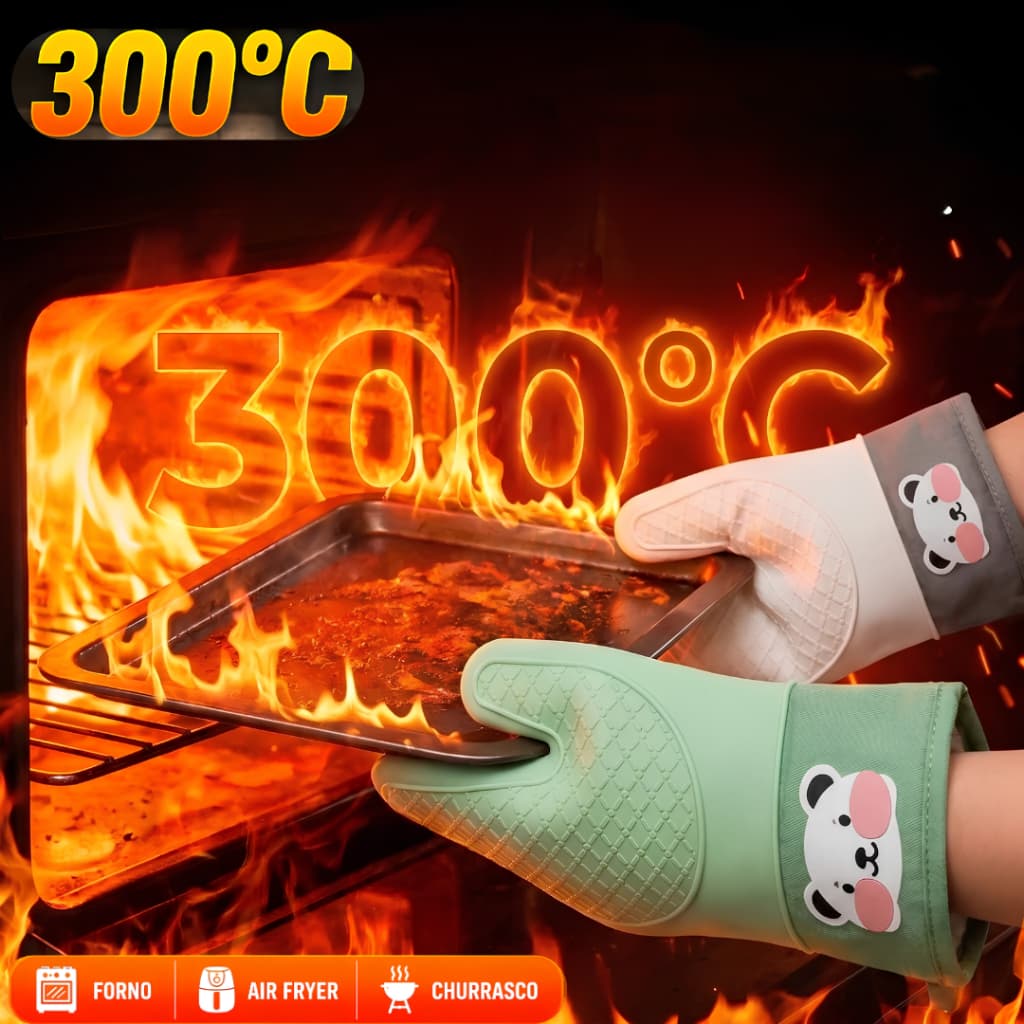 Kit 2 Luva Térmica Silicone Resistente 300°C Grossa para Cozinha Forno e Confeitaria Branca ou Verde