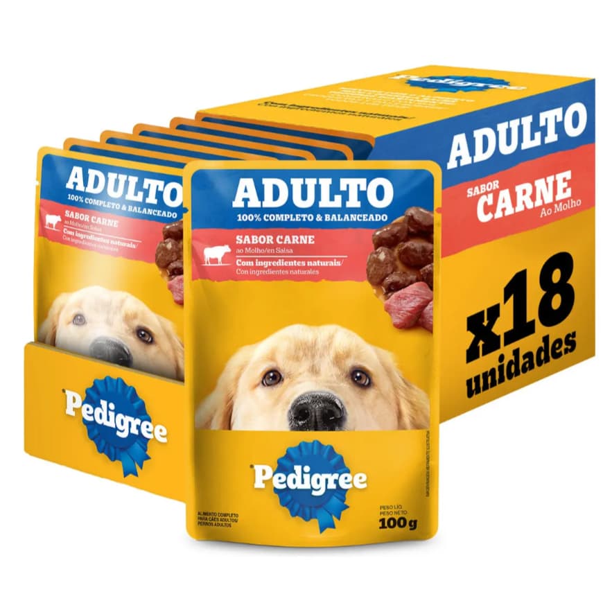 18 unidades Ração Úmida para Cachorro Pedigree Adulto Sachê Carne 100g