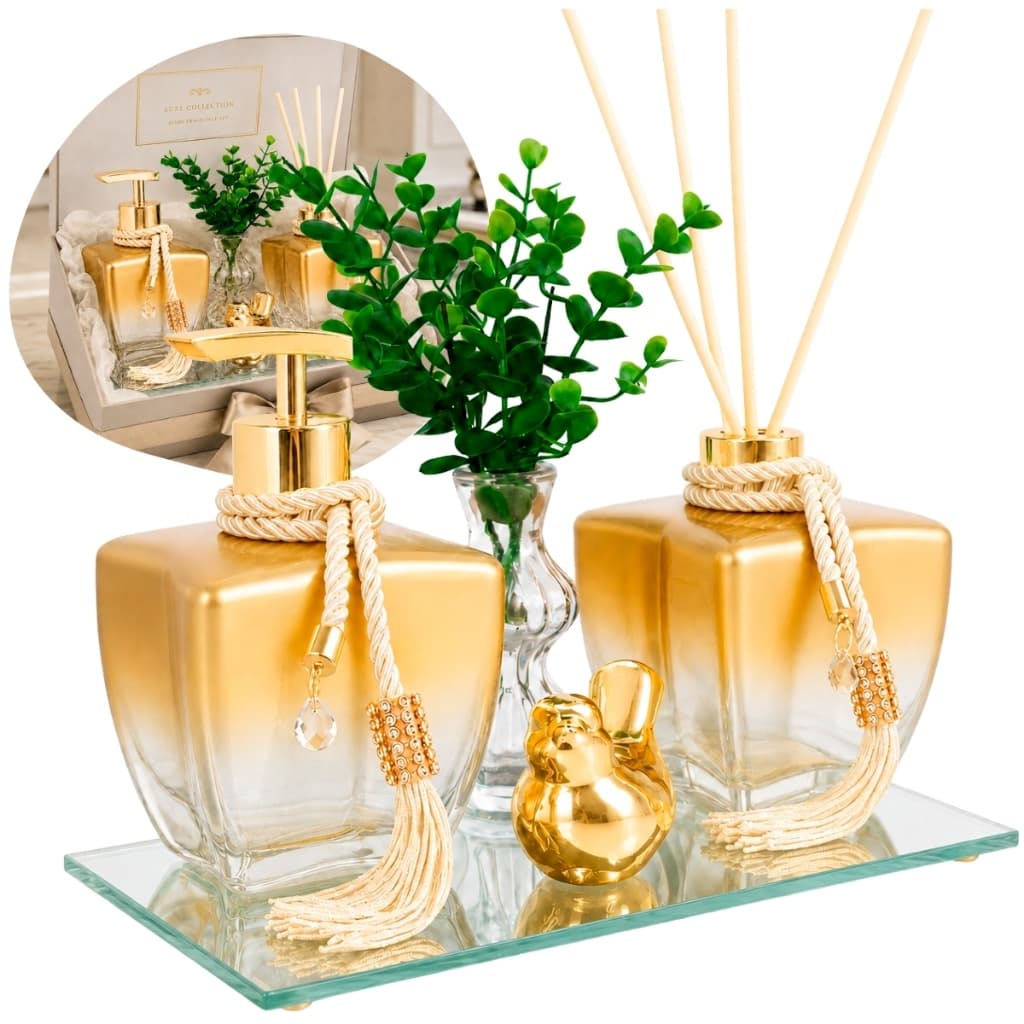 Kit Banheiro Lavabo Frascos de Vidro Estrela 280ml  Decoração Super Luxo C/ Bandeja London
