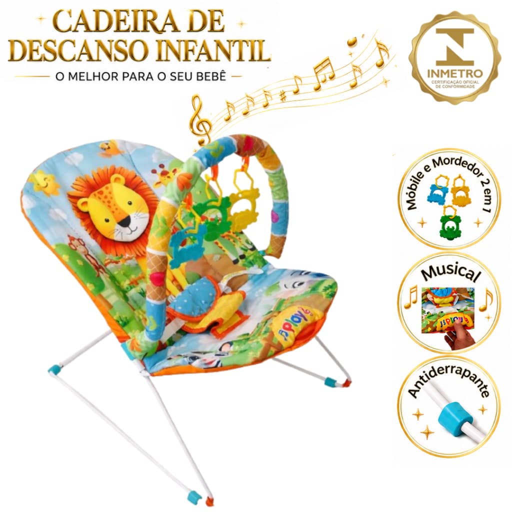 Cadeira de Descanso para Bebê Musical 2 em 1 Móbile Mordedor até 11kg Segurança Selva