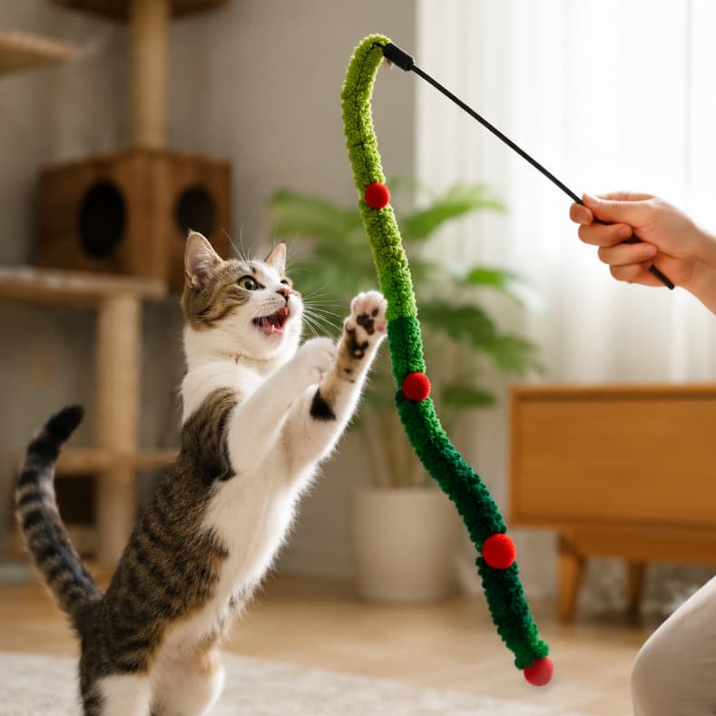 Varinha Natalina para Gatos com Guizo e Cordão de Pelúcia 50cm – Brinquedo Interativo