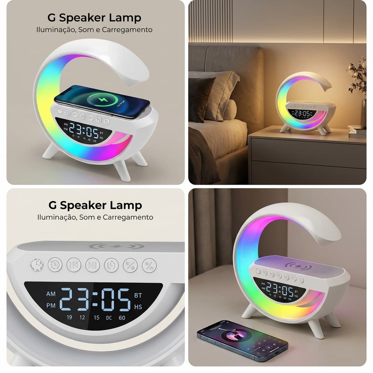 Luminária G 4 em 1 com Relógio iluminação funcional para mesa quarto ou escritório design compacto e