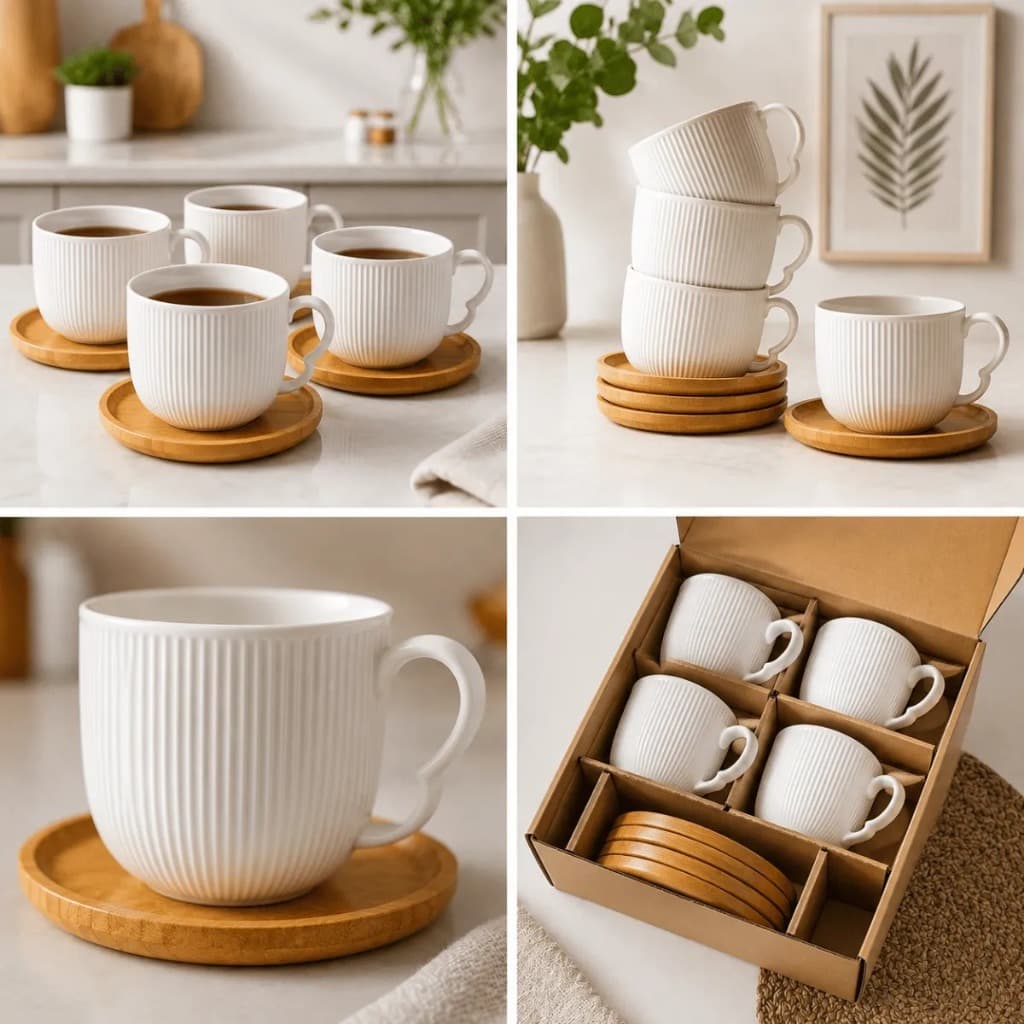Jogo de Xícaras de Café Oásis 3, 8 ou 13 Peças 90ml Cerâmica Hauskraft com Pires de Bambu