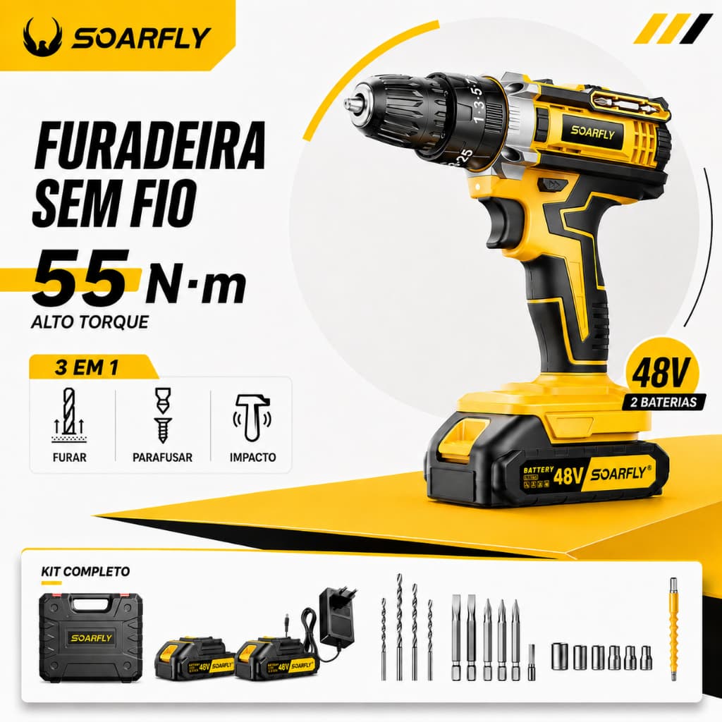 Parafusadeira Furadeira 48V Profissional Kit Completo 2 Baterias 48v Torque Ajustável Perfuração Aço