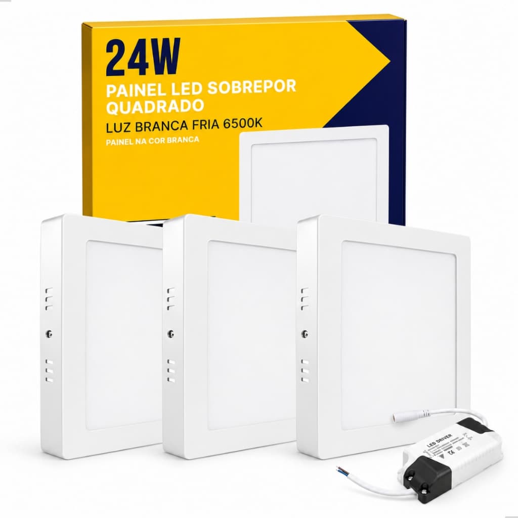 Kit 3 Painel Plafon Led Sobrepor Luminária 12W 18W 24W Quadrado Luz Forte Branco Frio 6500k Bivolt Ideal Sala Cozinha