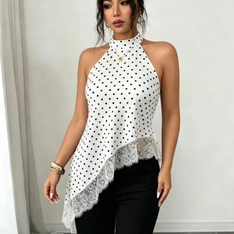 Blusa Feminina Poá Gola Alta Assimétrico / Moda Feminina Bolinha