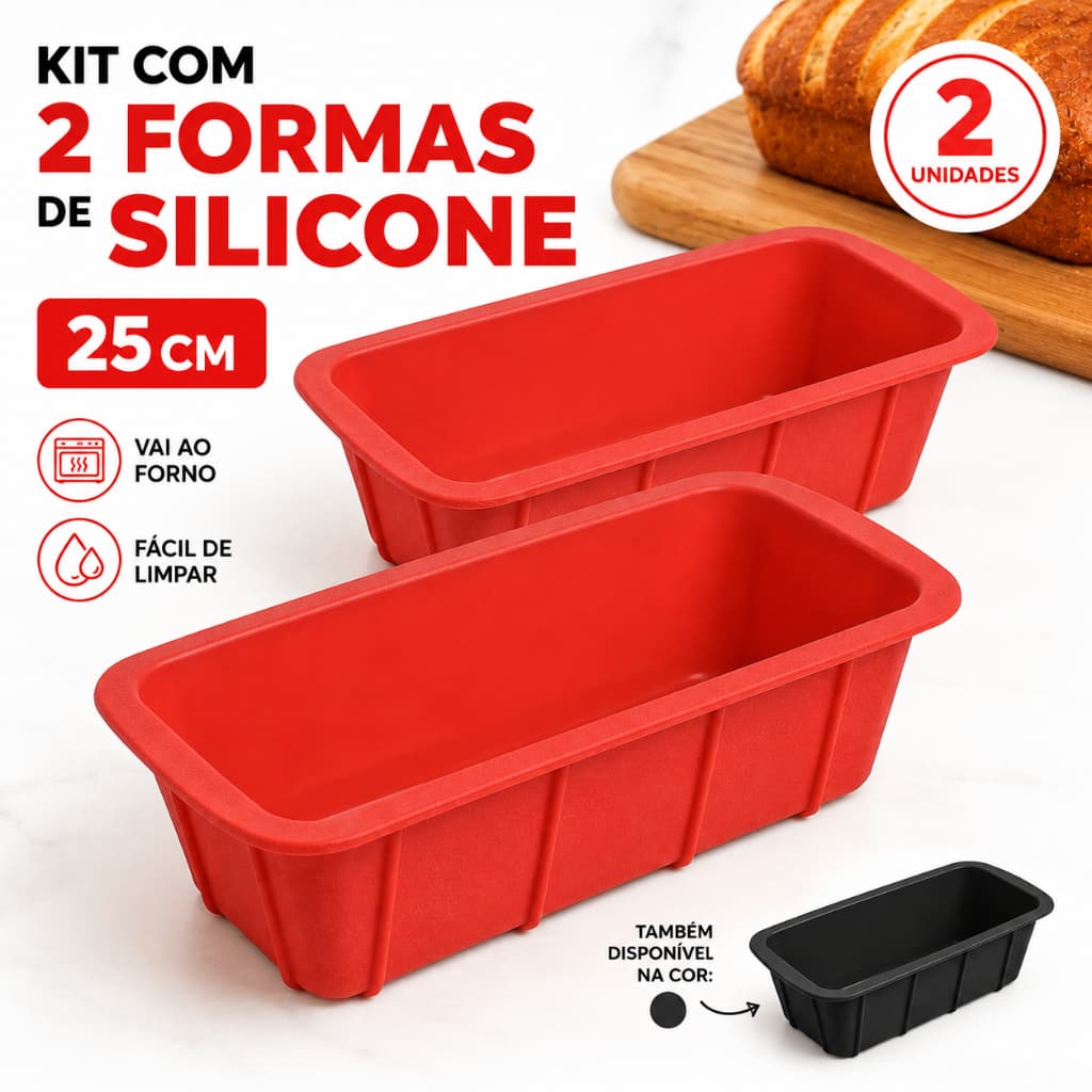 Kit 2 Forma de Silicone Retangular 25cm  Pão Bolo Inglês Torta Assadeira Forno Flexível Reutilizável