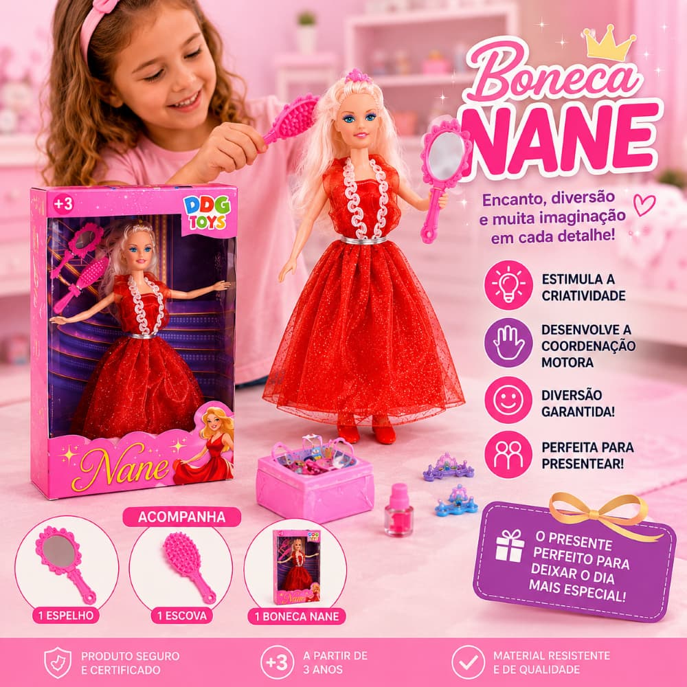 Boneca Infantil Nane Com Roupa Fashion Acessorios Brinquedo Educativo Criativo