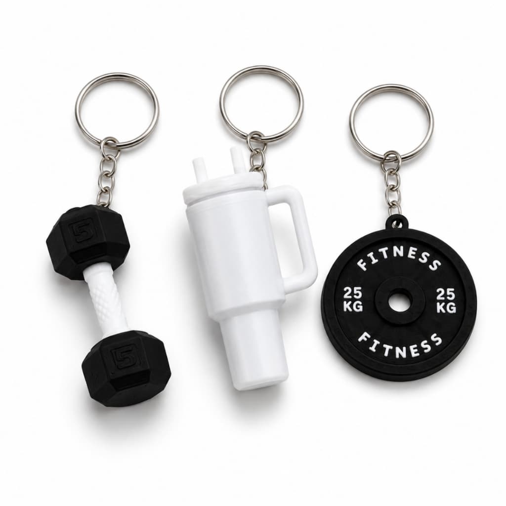 Kit 3 Chaveiros Fitness Academia Musculação Halter Anilha e Copo Miniatura Presente Criativo