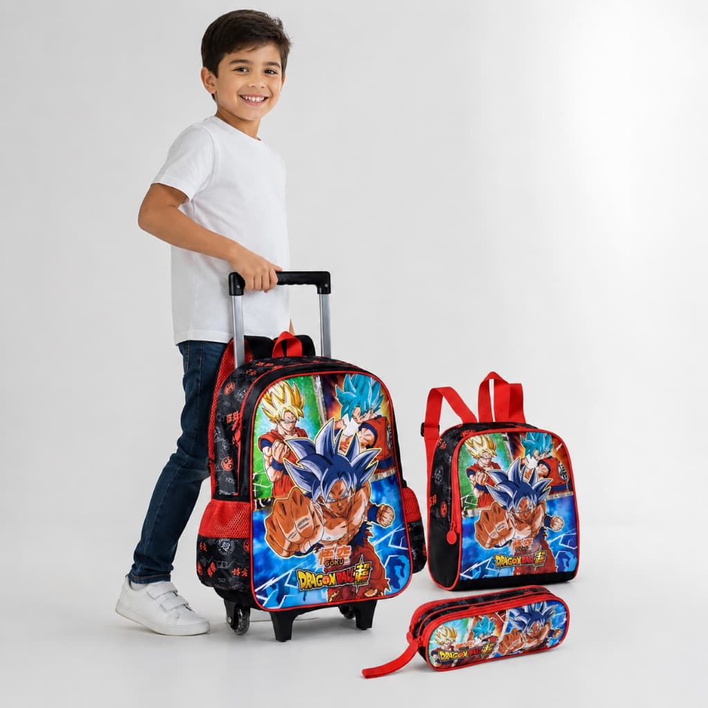 Mochila de Rodinhas Infantil Dragon Ball Goku Kit Escolar 3 Peças Mochila Costas Rodinhas + Estojo + Lancheira