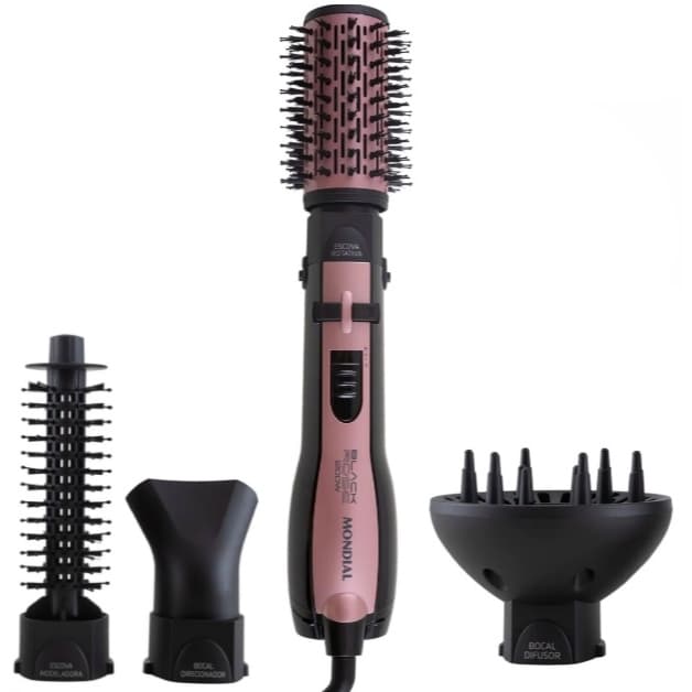 Escova Rotativa Mondial ER-10 1200W 4 Acessórios Seca Alisa Modela Define Cachos Tourmaline Íon Efeito Salão Sem Frizz