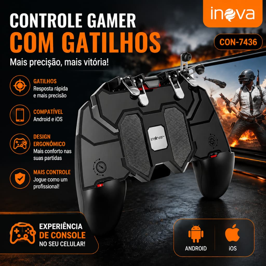 Controle Gamer para Celular com Gatilhos Joystick Suporte Ajustável Gamepad Mobile Free Fire PUBG