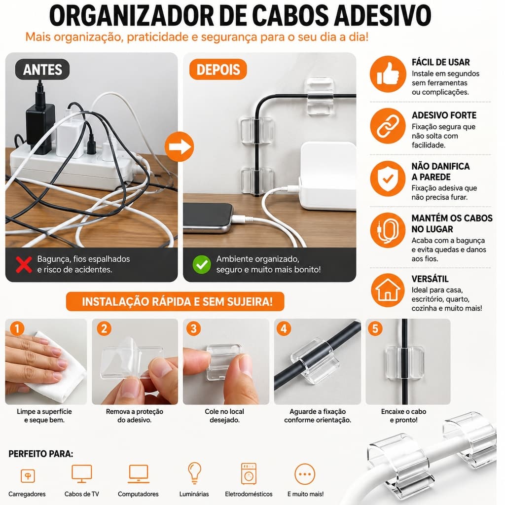 Organizador de Cabos Adesivo 3M – Suporte Fixador de Fios e Cabos Sem Furos na Parede 20 peças