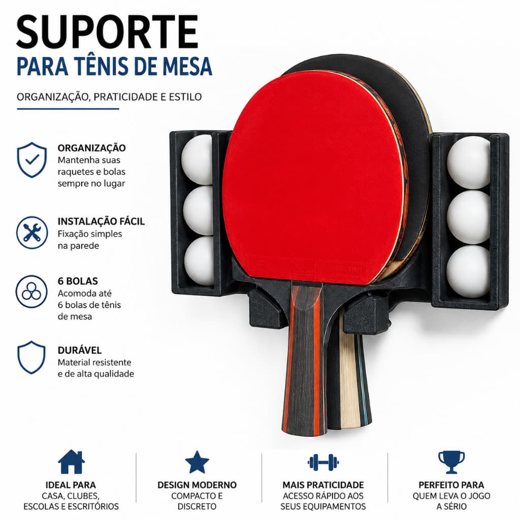 Suporte Parede Para Raquete e Bolinhas de Ping Pong Preto Tenis de Mesa