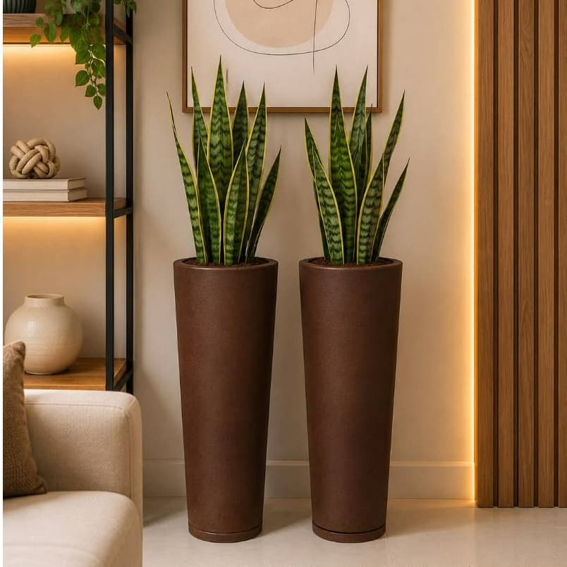 KIT 2 VASOS DE PLANTAS IBIZA 59CM COM PRATO DECORATIVO PARA SALA ESCRITÓRIO JARDIM VARANDA